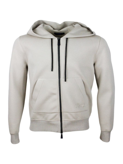 Kiton Hooded Sweatshirt Knt Jacket With Zip Closure In Soft Stretch Cotton. Embossed Logo On Pocket In Beige