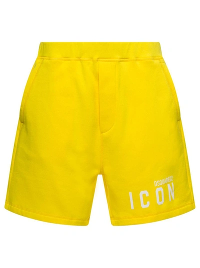 DSQUARED2 YELLOW SHORTS WITH CONTRASTING LOGO PRINT IN COTTON MAN