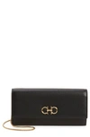 Ferragamo Gancino Flap Leather Wallet With Chain Strap In Nero