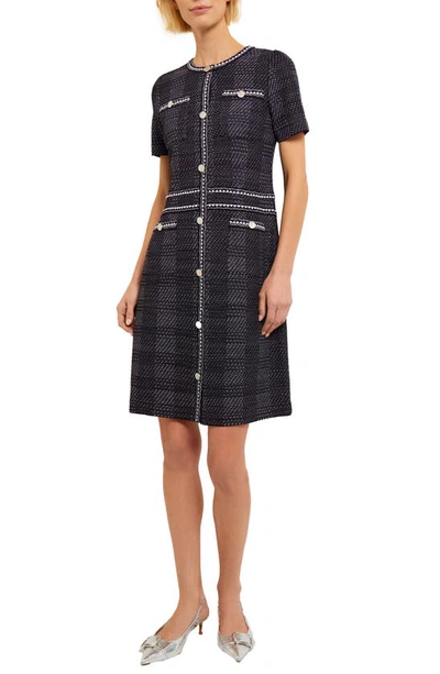 Misook Plaid Tweed-knit Button-front Midi Dress In Black/white