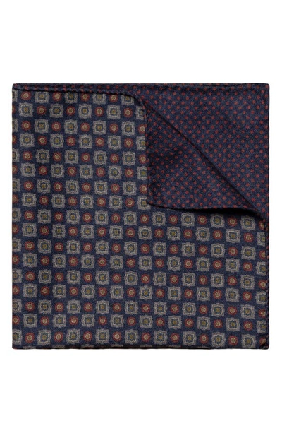 Eton Medallion Double Sided Wool Flannel Pocket Square In Navy