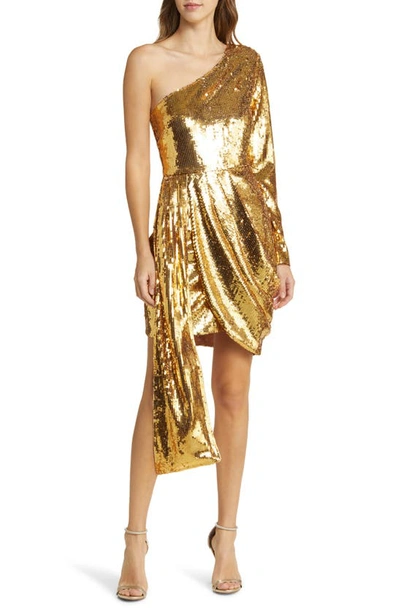 Bebe One Shoulder Sequin Sash Dress In Gold