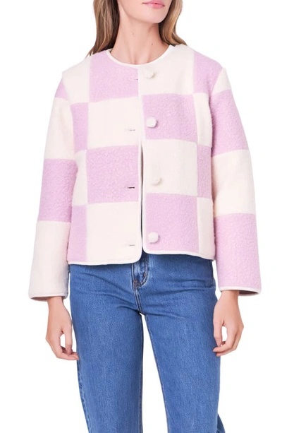 English Factory Women's Shearling Check Cardigan In Lilac,cream