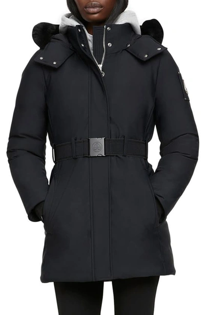 Moose Knuckles Alpharetta Belted Parka Jacket With Shearling Ruff In Black Black