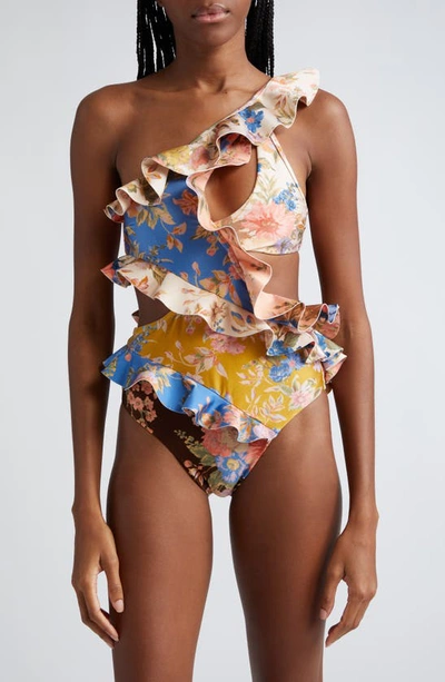 Zimmermann August Asymmetric Ruffle Cutout One-shoulder One-piece Swimsuit In Multicolor