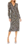 Mac Duggal Long Sleeve V Neck Midi Dress In Charcoal