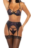 OH LA LA CHERI DEMI CUTOUT UNDERWIRE BRA, G-STRING & GARTER BELT SET