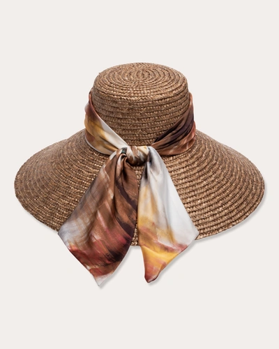 Eugenia Kim Mirabel Straw Large-brim Hat With Patterned Scarf In Brown