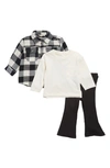 Jessica Simpson Brushed Flannel Shacket, Long Sleeve Pocket Tee & Flare Leggings Set In Black