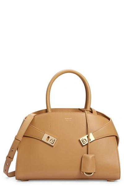 Ferragamo Small Hug Leather Satchel In Light Camel