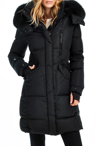 Sam. Longline Quilted Down Jacket With Removable Faux Fur Trim Hood In Black