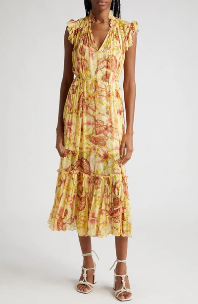 Zimmermann + Net Sustain Matchmaker Tiered Floral-print Crepon Midi Dress In Yellow Hibiscus