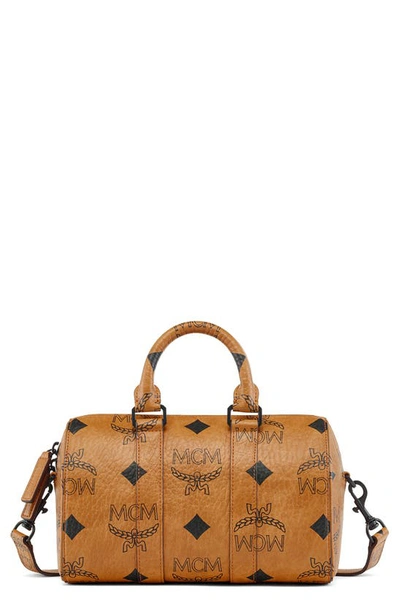 Mcm Aren Boston Small Visetos Monogram Top-handle Bag In Cognac/black