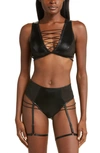 Hauty Strappy Faux Leather & Mesh Bralette In Black