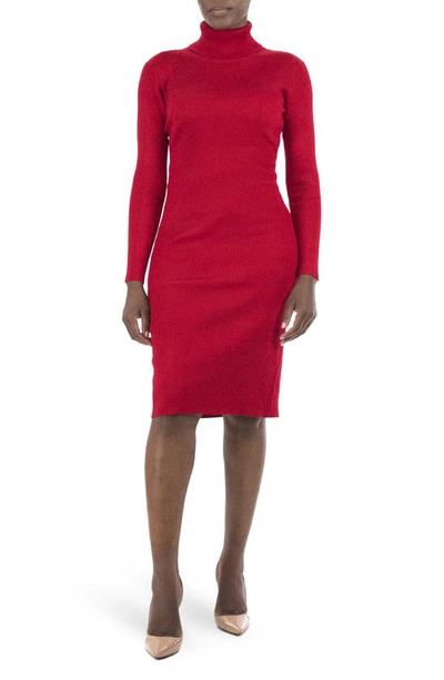Nina Leonard Turtleneck Ribbed Midi Sweater Dress In Nina Red