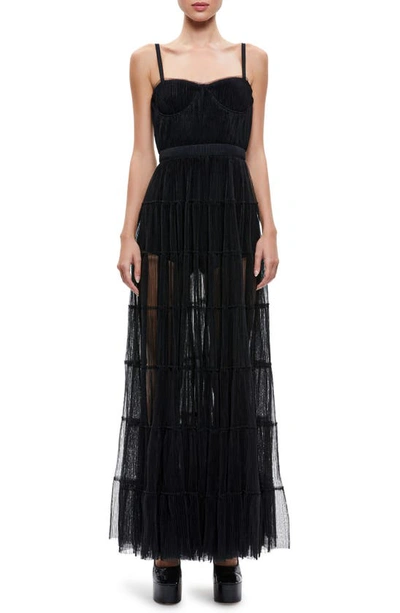 Alice And Olivia Deena Pleated Tulle Maxi Dress With Hot Pants In Black
