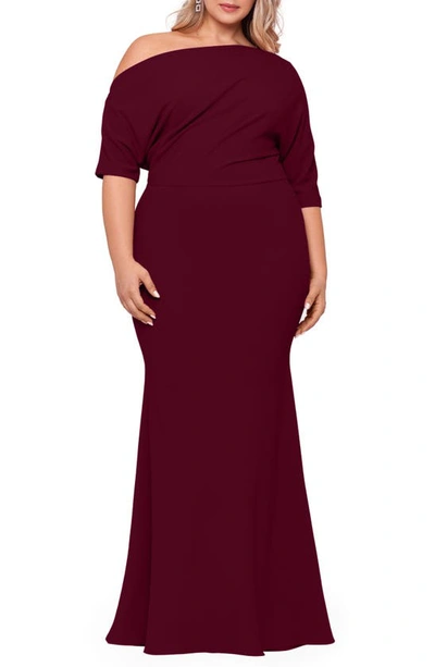 Betsy & Adam Plus Size Off-the-shoulder Scuba Gown In Bordeaux