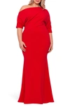 Betsy & Adam Plus Size Asymmetrical Neck Gown In Red