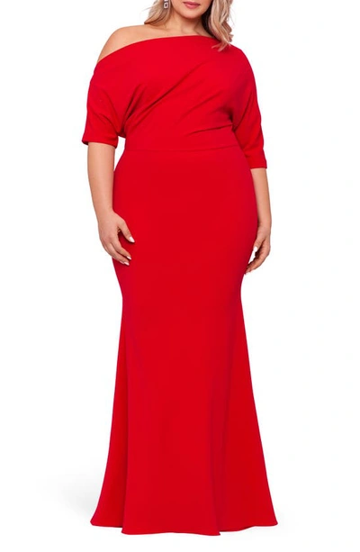 Betsy & Adam Plus Size Asymmetrical Neck Gown In Red