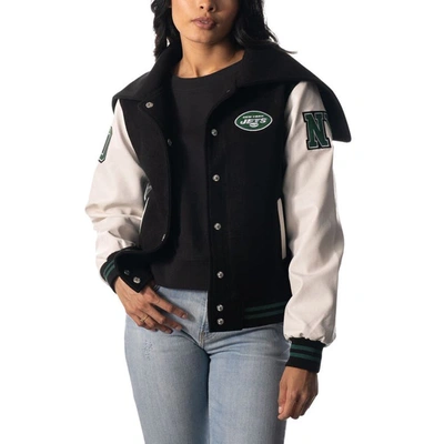 THE WILD COLLECTIVE THE WILD COLLECTIVE BLACK NEW YORK JETS SAILOR FULL-SNAP HOODED VARSITY JACKET