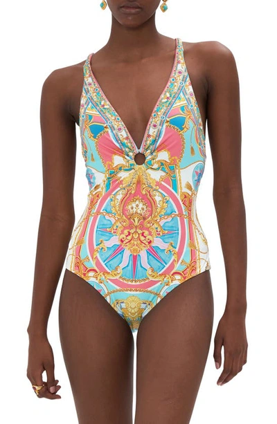 Camilla Ring Detail Plunge One Piece In Multicolor