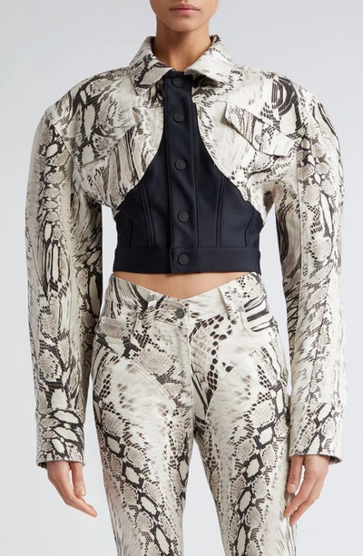 Mugler Snake Cropped Panelled Denim Jacket In Multicolor