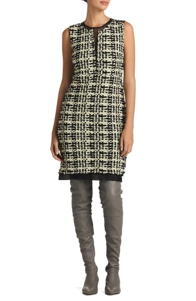 St John Sleeveless Organza-trim Metallic Slub Paillette Plaid Knit Dress In Honeydew/black Multi