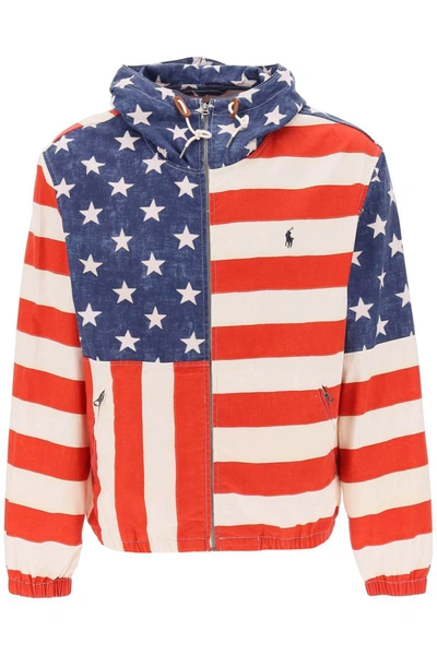 Polo Ralph Lauren Flag-print Hooded Jacket Man Jacket Blue Size Xl Cotton In White,blue,red