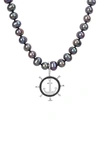 DELMAR CULTURED FRESHWATER PEARL BLACK DIAMOND CROWN PENDANT NECKLACE