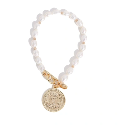Joey Baby 18k Gold Plated Freshwater Pearls With A Coin Pendant - Giorgia Pearl Bracelet - Size M In Silver