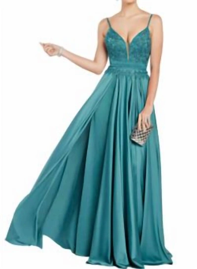 Alyce Paris Satin Embroidered Gown In Green In Blue