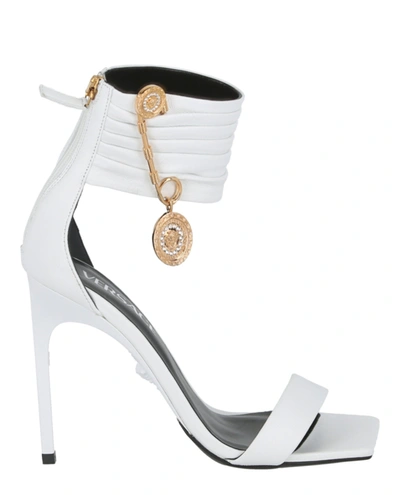 Versace Safety Pin Leather Sandal In White