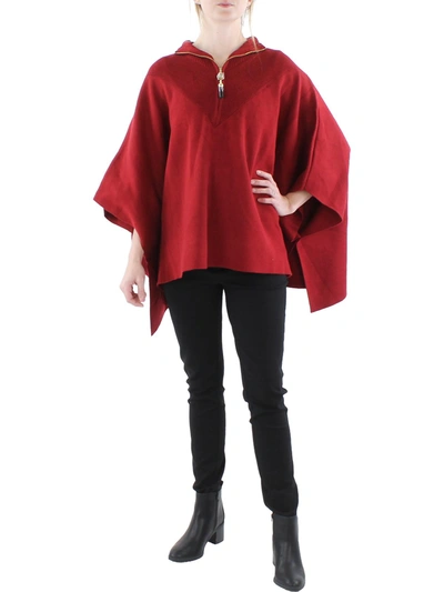 Anne Klein Womens Ribbed Trim Tunic Poncho Sweater In Red