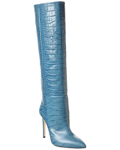 Paris Texas Stiletto Croc-embossed Leather Knee-high Boot In Blue