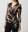 Joseph Ribkoff Abstract Print Silky Knit Top With Side Buckle In Black/latte In Black