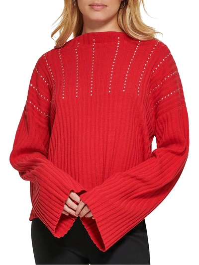 Dkny Womens Embellished Cotton Pullover Sweater In Red