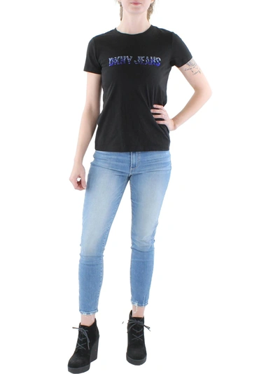 Dkny Jeans Womens Logo Embellished T-shirt In Black