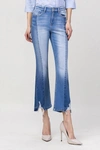 FLYING MONKEY HIGH RISE CONTRAST KICK CROP FLARE IN BLUE DENIM