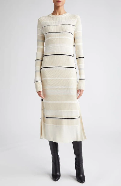 Proenza Schouler Rachel Striped Button-side Rib Midi Sweater Dress In Ecru Multi