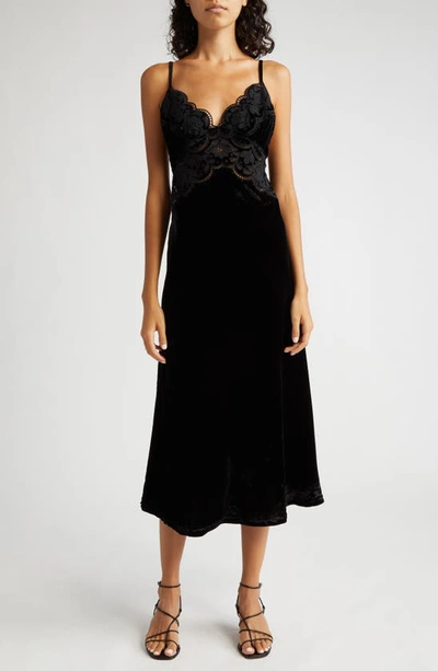 Farm Rio Richelieu Velvet Lace Dress In Black