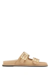 Fendi F Buckle Leather Slide Sandals In Pink