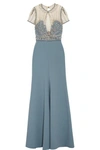 JENNY PACKHAM EMBELLISHED CREPE, TULLE AND LACE GOWN