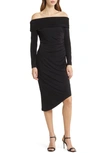 Sam Edelman Off The Shoulder Long Sleeve Midi Body-con Dress In Black