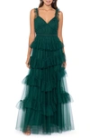 BETSY & ADAM TIERED RUFFLE TULLE GOWN