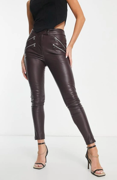 Asos Design Faux Leather Skinny Moto With Zips In Brown