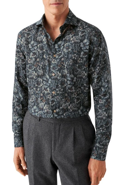 Eton Contemporary Fit Floral Print Merino Wool Dress Shirt In Navy Blue