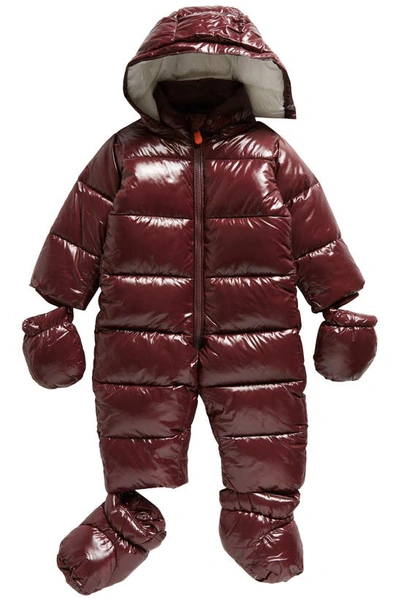 Save The Duck Babies' Hooded Quilted Snowsuit With Removable Mittens In Burgundy Black