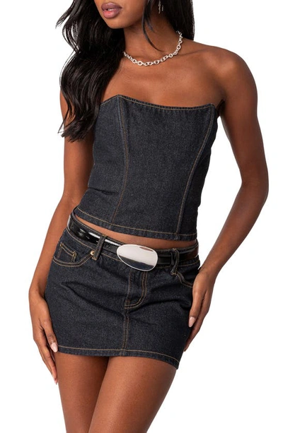 Edikted Women's Foster Lace Up Washed Denim Corset Top In Indigo-blue-raw-washed