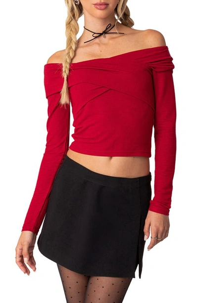 Edikted Off The Shoulder Long Sleeve Crop Top In Red