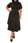 Buxom Couture Asymmetric Ruffle Cotton Blend Shirtdress In Black
